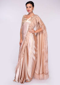 Milano satin pre stitched saree with pallo border in feather