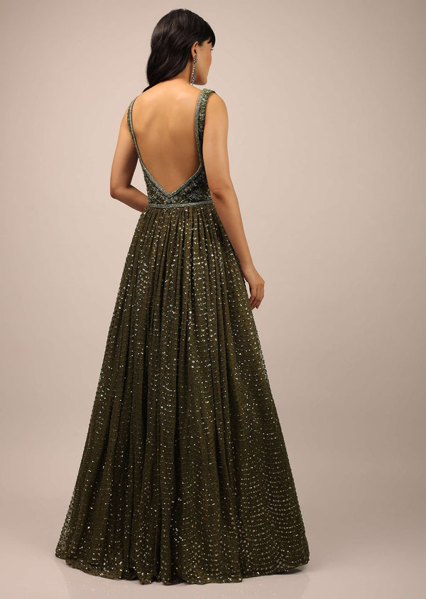 Military Olive Gown With Sequins And A Low Cut On The Back
