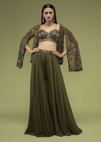 Military Olive Green Palazzo And A Crop Top Set, Paired With A Cape With Sequins Embroidery On It