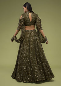 Military Olive Lehenga And Crop Top In Sequins Embroidery, Paired With The Crop Top In Crew Neckline With A Key-Hole