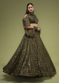 Military Olive Lehenga And Crop Top In Sequins Embroidery, Paired With The Crop Top In Crew Neckline With A Key-Hole