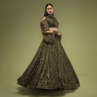 Military Olive Lehenga And Crop Top In Sequins Embroidery, Paired With The Crop Top In Crew Neckline With A Key-Hole