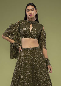 Military Olive Lehenga And Crop Top In Sequins Embroidery, Paired With The Crop Top In Crew Neckline With A Key-Hole