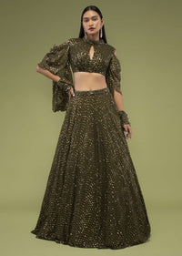 Military Olive Lehenga And Crop Top In Sequins Embroidery, Paired With The Crop Top In Crew Neckline With A Key-Hole