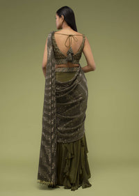 Military Olive Ready Pleated Saree In Sequins Embroidery, Crafted In Net With Side Zip Closure