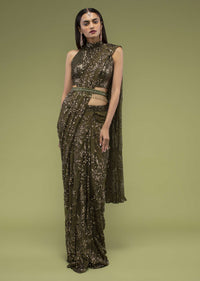 Military Olive Ready Pleated Saree In Sequins Embroidery, Crafted In Net With Side Zip Closure