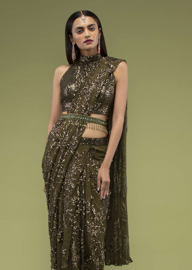 Military Olive Ready Pleated Saree In Sequins Embroidery, Crafted In Net With Side Zip Closure