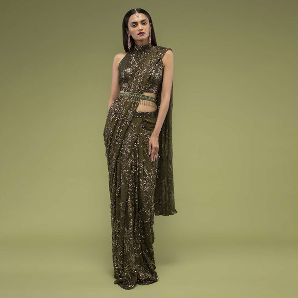 Military Olive Ready Pleated Saree In Sequins Embroidery, Crafted In Net With Side Zip Closure