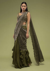 Military Olive Shimmer Crush Ruffled Ready-Pleated Saree, Crafted In Crush With Sequins Embroidery All Over With A Side Zip Closure