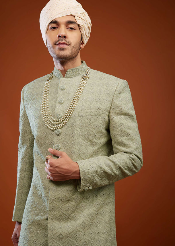 Pista Green Embroidered Sherwani Set In Tussar Silk