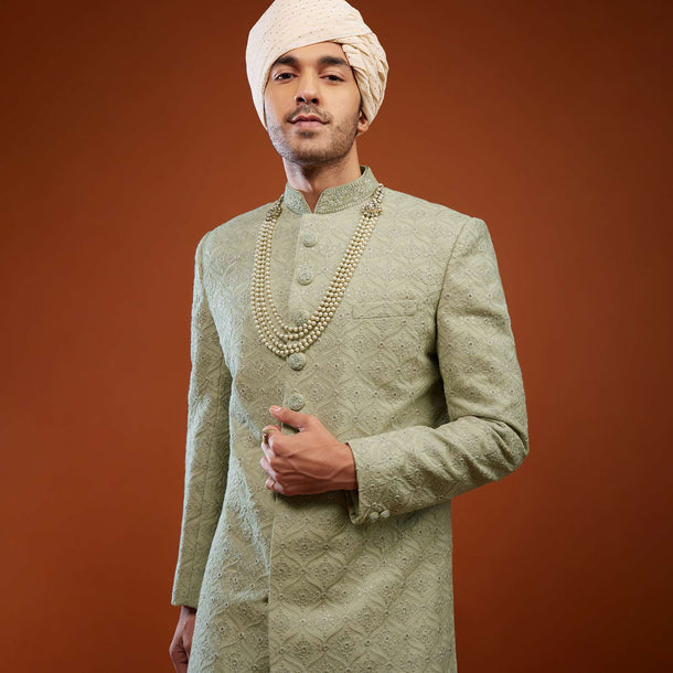 Pista Green Embroidered Sherwani Set In Tussar Silk