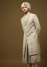 Pista Green Silk Sherwani Set In Delicate Embroidery