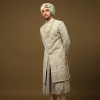 Pista Green Silk Sherwani Set In Delicate Embroidery