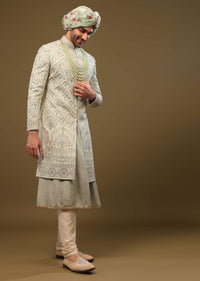 Pista Green Silk Sherwani Set In Delicate Embroidery