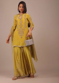 Daffodil Yellow Printed Sharara Suit With Stonework In Crepe
