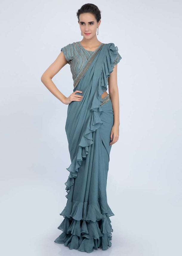 Mineral Alloy Grey Georgette Saree With Ruffles On The Hem And Pallu Online - Kalki Fashion