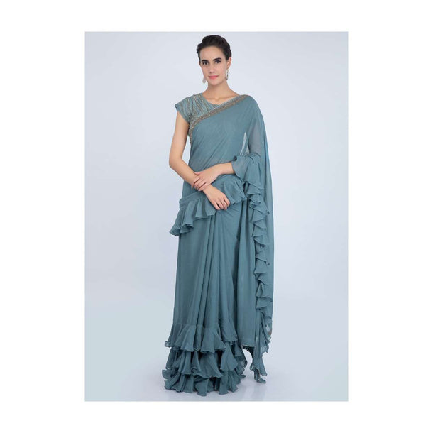 Mineral Alloy Grey Georgette Saree With Ruffles On The Hem And Pallu Online - Kalki Fashion