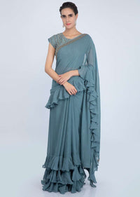 Mineral Alloy Grey Georgette Saree With Ruffles On The Hem And Pallu Online - Kalki Fashion