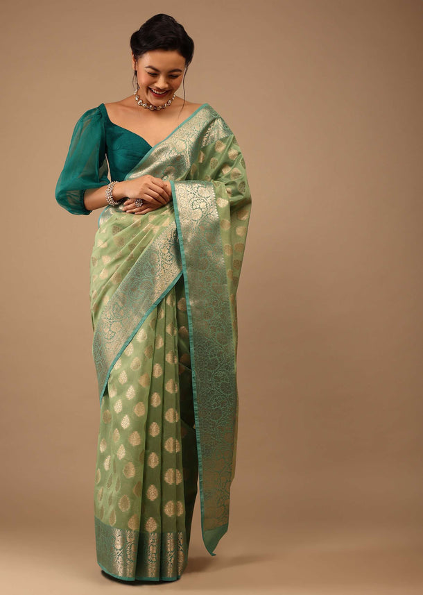 Citrus Green Saree In Banarsi Chanderi And Pure Handloom Cotton