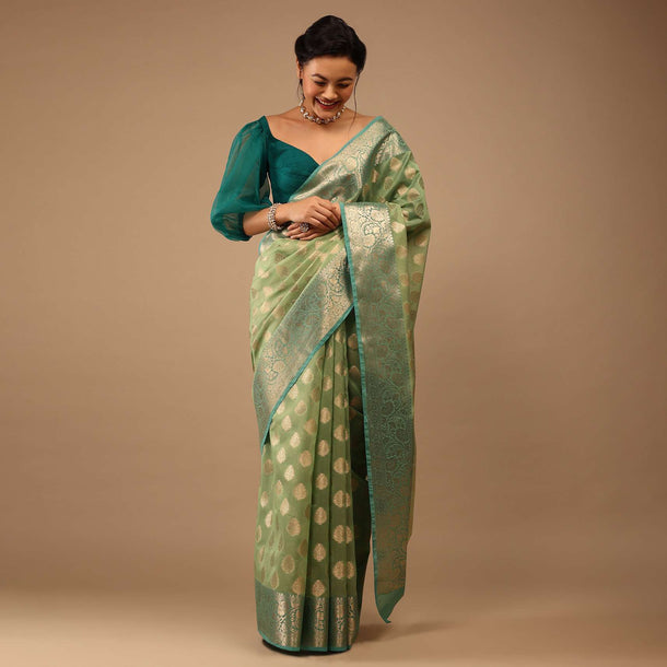 Citrus Green Saree In Banarsi Chanderi And Pure Handloom Cotton