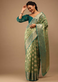 Citrus Green Saree In Banarsi Chanderi And Pure Handloom Cotton