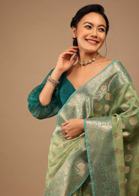 Citrus Green Saree In Banarsi Chanderi And Pure Handloom Cotton