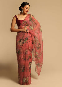 Mineral Red Saree In Organza With Floral Print All Over And Scalloped Resham Border Along With Unstitched Blouse