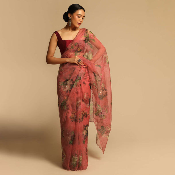 Mineral Red Saree In Organza With Floral Print All Over And Scalloped Resham Border Along With Unstitched Blouse