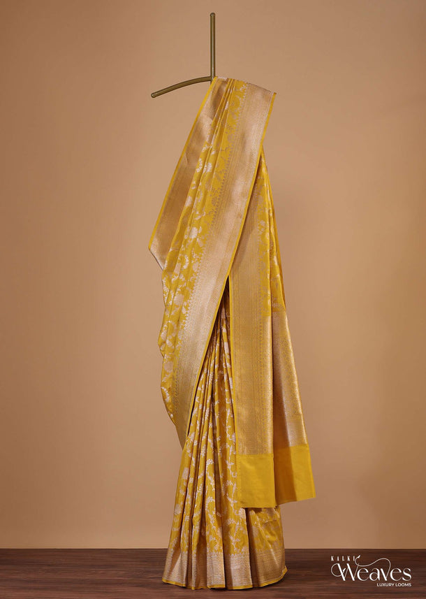 Amber Yellow Saree In Uppada Silk With Single Zari Jaal Weave And Unstitched Blouse