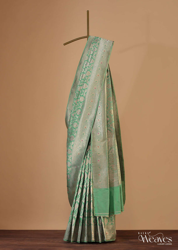 Moss Green Upada Silk Saree With Meenakari Jaal- Zari Work And Unstitched Work