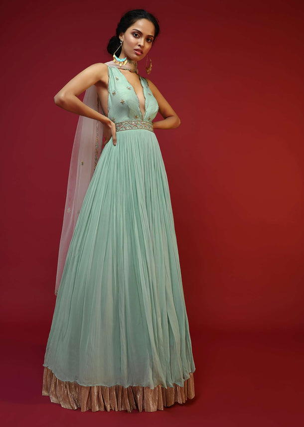 Mint Anarkali Suit With A Plunging Neckline And Hand Embroidered Buttis Featuring Multi Colored Sequins And Beads