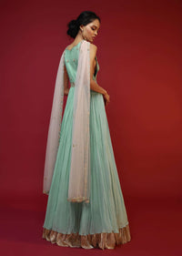 Mint Anarkali Suit With A Plunging Neckline And Hand Embroidered Buttis Featuring Multi Colored Sequins And Beads