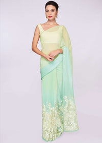 Mint blue and green shaded georgette saree with net embroidered bottom only on Kalki