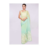 Mint blue and green shaded georgette saree with net embroidered bottom only on Kalki