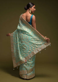 Mint Blue Banarasi Saree In Silk Blend With Woven Floral Jaal Online - Kalki Fashion