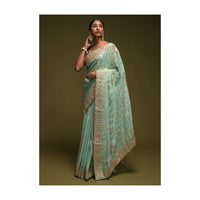 Mint Blue Banarasi Saree In Silk Blend With Woven Floral Jaal Online - Kalki Fashion