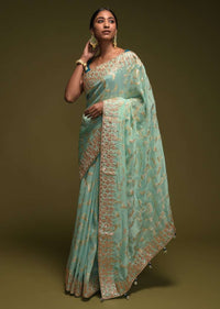 Mint Blue Banarasi Saree In Silk Blend With Woven Floral Jaal Online - Kalki Fashion