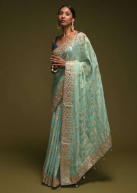 Mint Blue Banarasi Saree In Silk Blend With Woven Floral Jaal Online - Kalki Fashion