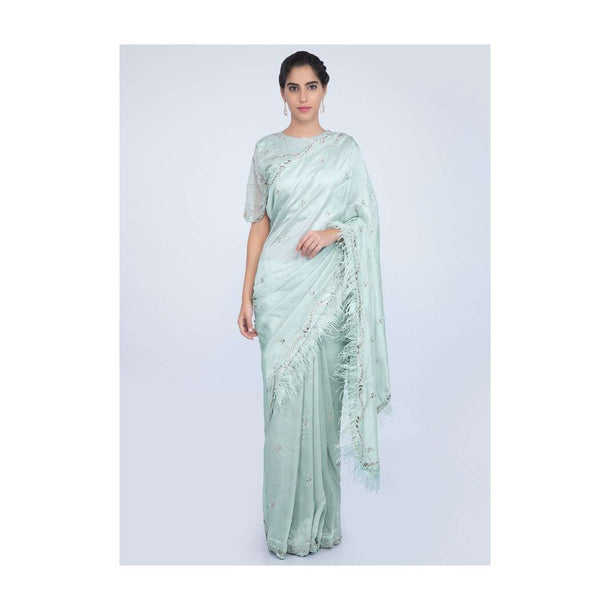 Mint Blue Saree In Embroidered Silk With Feathers Online - Kalki Fashion