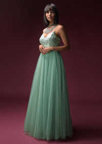 Mint Blue Indowestern Anarkali Suit In Net With Hand Embroidery Work Using Flower Cut Mirrors On The Bodice