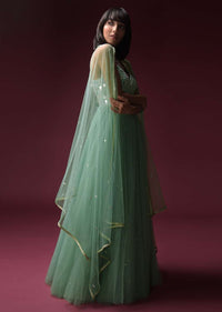Mint Blue Indowestern Anarkali Suit In Net With Hand Embroidery Work Using Flower Cut Mirrors On The Bodice