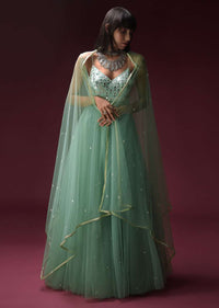 Mint Blue Indowestern Anarkali Suit In Net With Hand Embroidery Work Using Flower Cut Mirrors On The Bodice