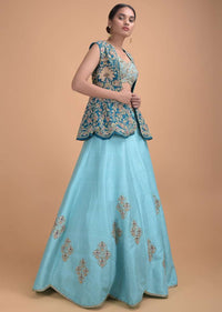 Sea Mists Lehenga Choli And A Teal Jacket With Hand Embroidery Work Online - Kalki Fashion