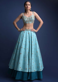 Sea Mists Lehenga Choli With Hand Embroidered Buttis And Net Cape Online - Kalki Fashion