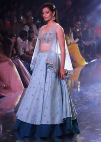 Sea Mists Lehenga Choli With Hand Embroidered Buttis And Net Cape Online - Kalki Fashion