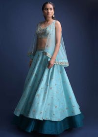 Sea Mists Lehenga Choli With Hand Embroidered Buttis And Net Cape Online - Kalki Fashion