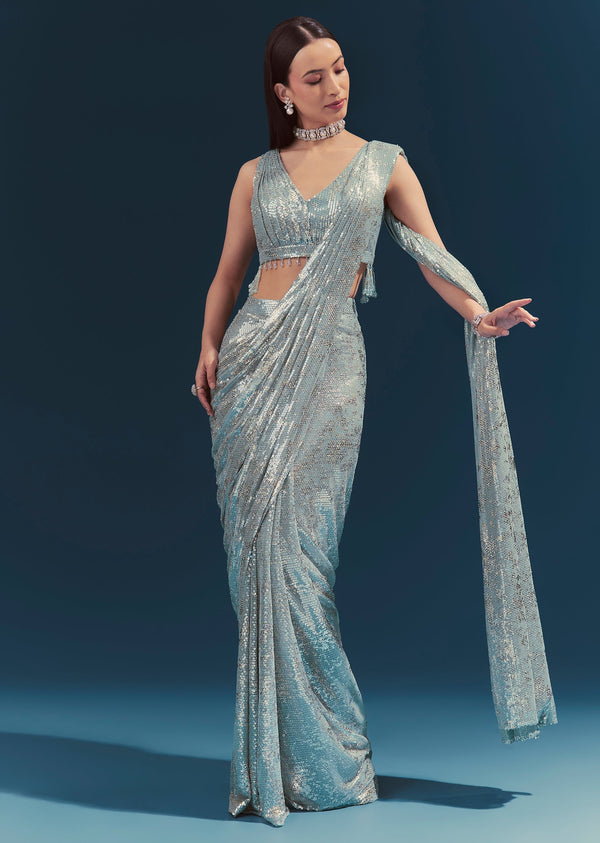 Mint Blue Ready Pleated Sequined Saree With Designer Blouse