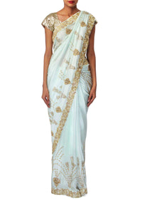 Mint blue saree embellished in moti embroidery only on Kalki