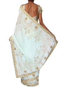 Mint blue saree embellished in moti embroidery only on Kalki