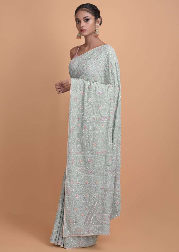 Mint Blue Saree In Georgette With Lucknowi Thread Work Online - Kalki Fashion